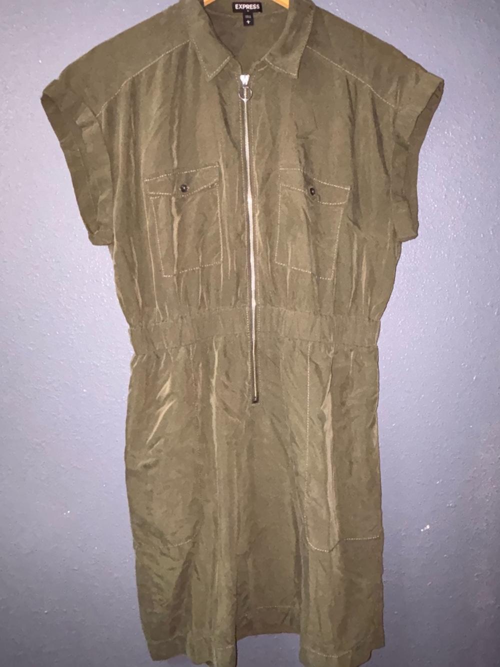 Express Olive Utility Zip-Front Shirt Dress